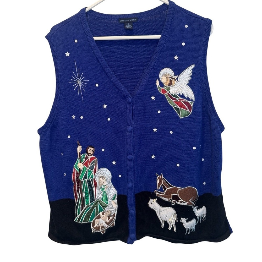 VTG Womens Blue Nativity Sequin Christmas Sweater Vest 1X Nora Krank Party